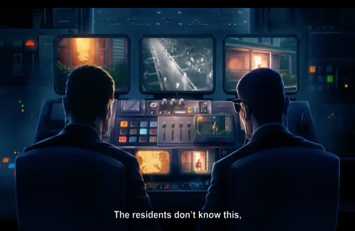 Animated intro scene showing two figures viewed from behind at a surveillance console with multiple monitors, subtitled "The residents don't know this,"