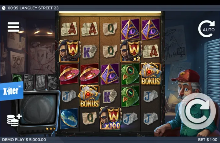 Base game reel grid of Langley Street 23 showing five reels with symbols including wilds marked "x2" and "x100," two BONUS symbols, and the balance "DEMO PLAY $ 5,000.00" at bet "$ 1.00".