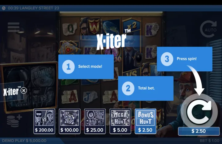 X-iter menu overlay on the base-game reels showing three numbered steps — "1 Select mode!" "2 Total bet." "3 Press spin!" — with five mode tiles priced from "$ 2.50" to "$ 200.00."