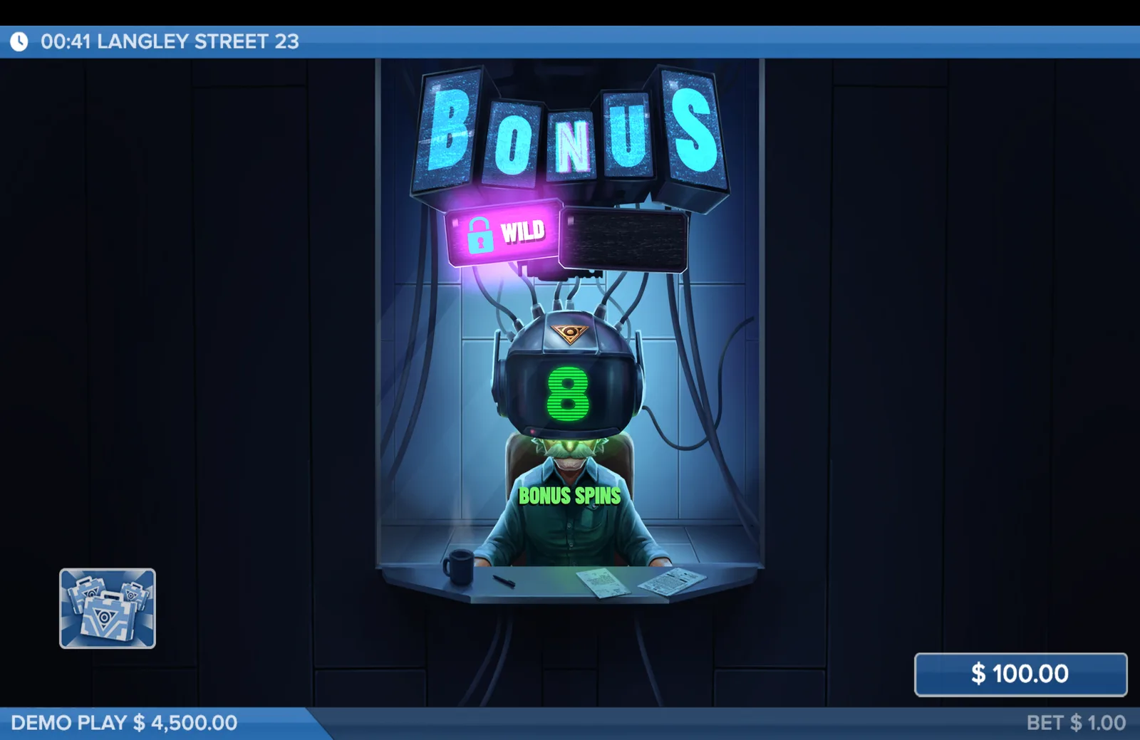 Bonus round entry screen showing a helmeted figure under a BONUS banner with a WILD tag and 8 bonus spins.
