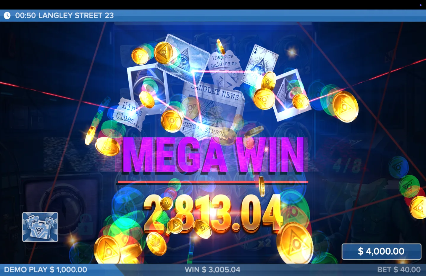 Win presentation screen showing the banner MEGA WIN above the figure 2,813.04 in gold, with WIN $3,005.04 at bet $40.00.